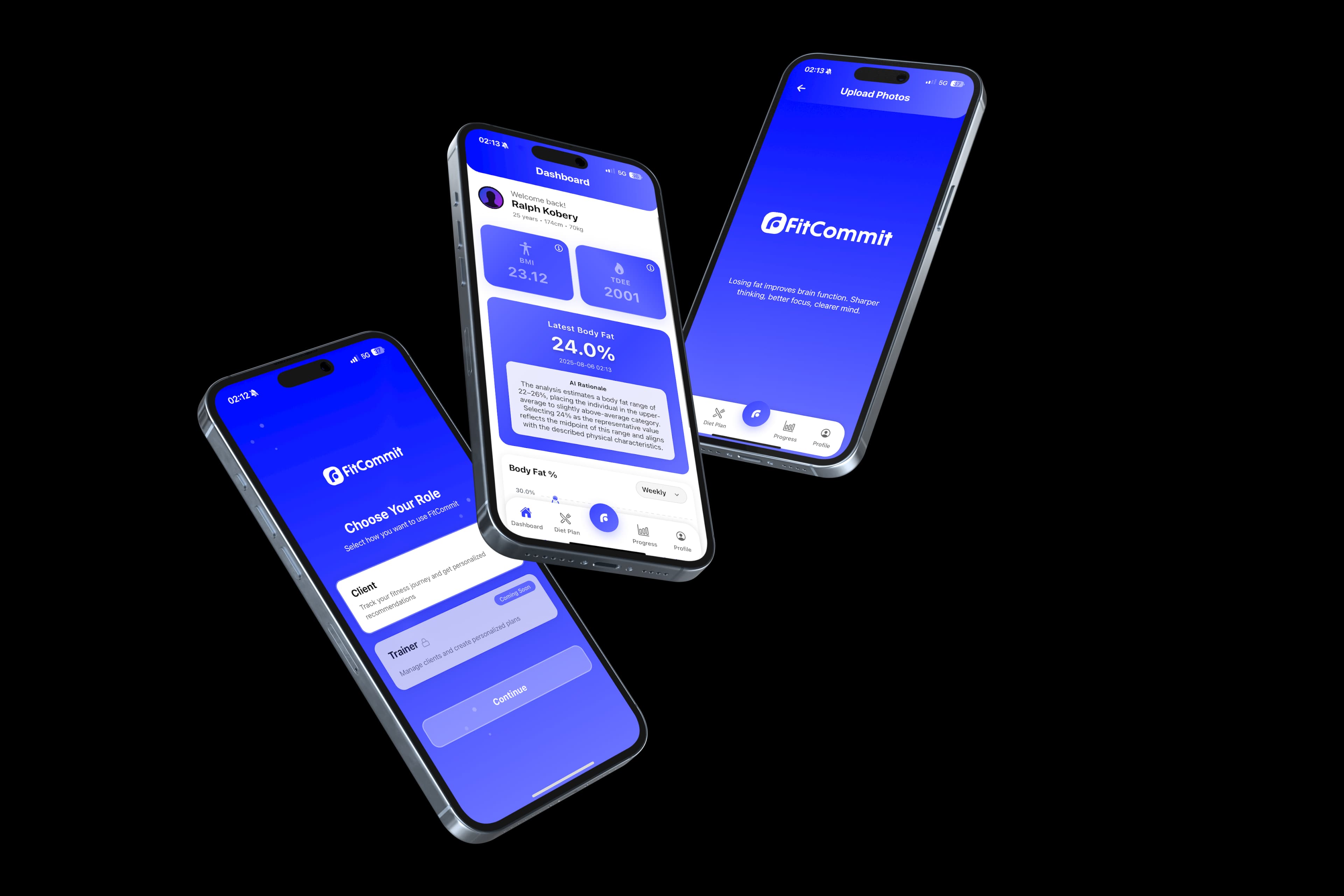 FitCommit app interface showing body composition analysis