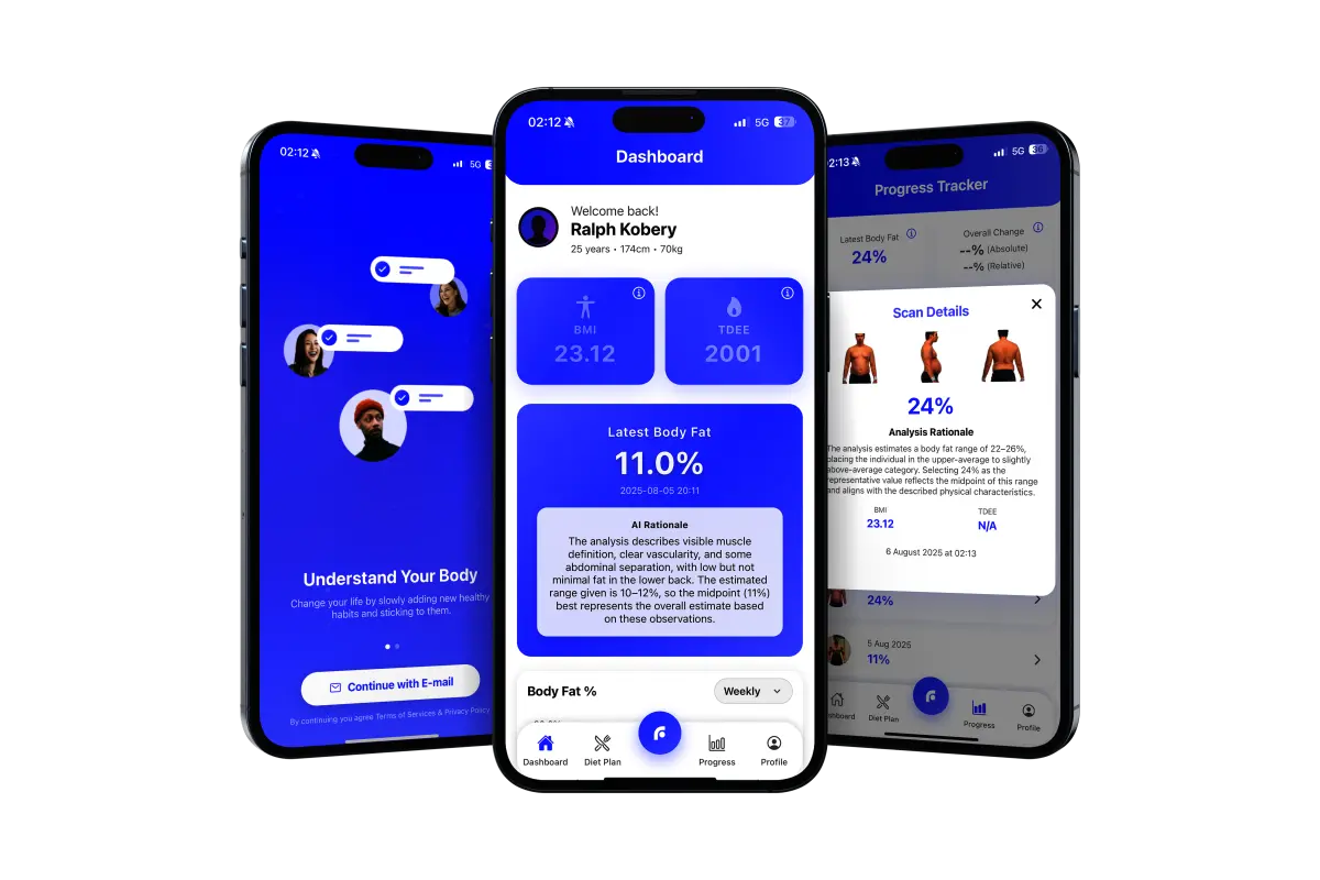FitCommit AI fitness app on iPhone showing body scan and macro tracking