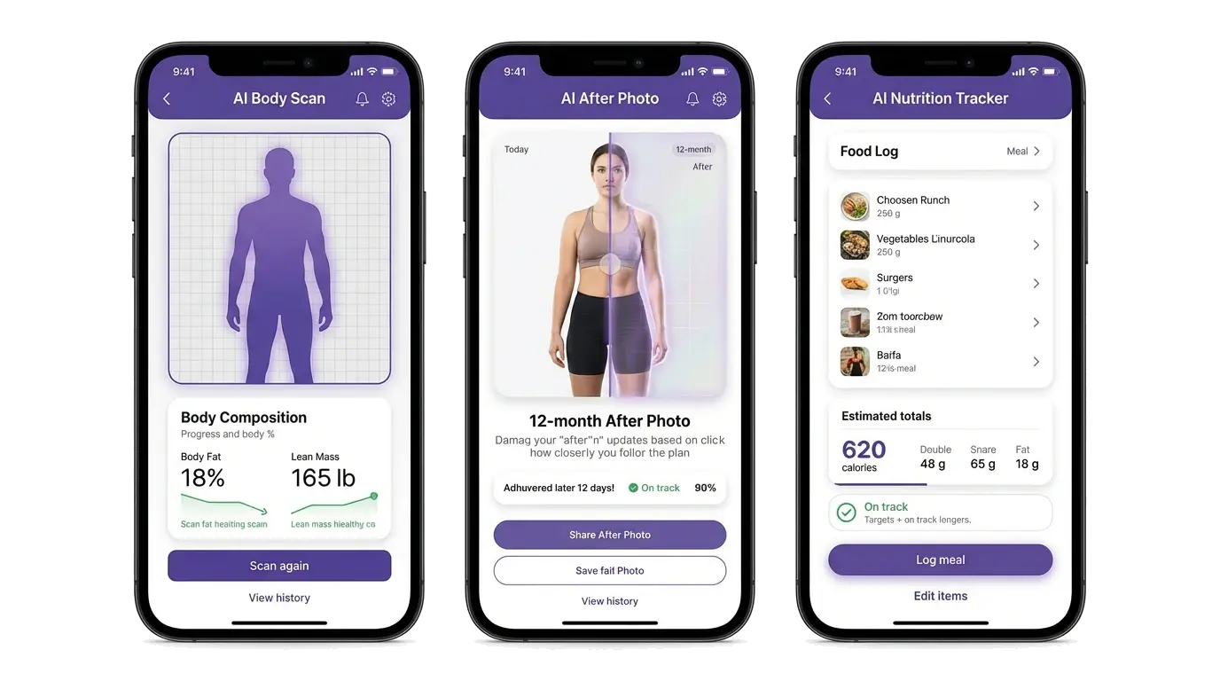 FitCommit AI fitness app on iPhone showing body scan and macro tracking
