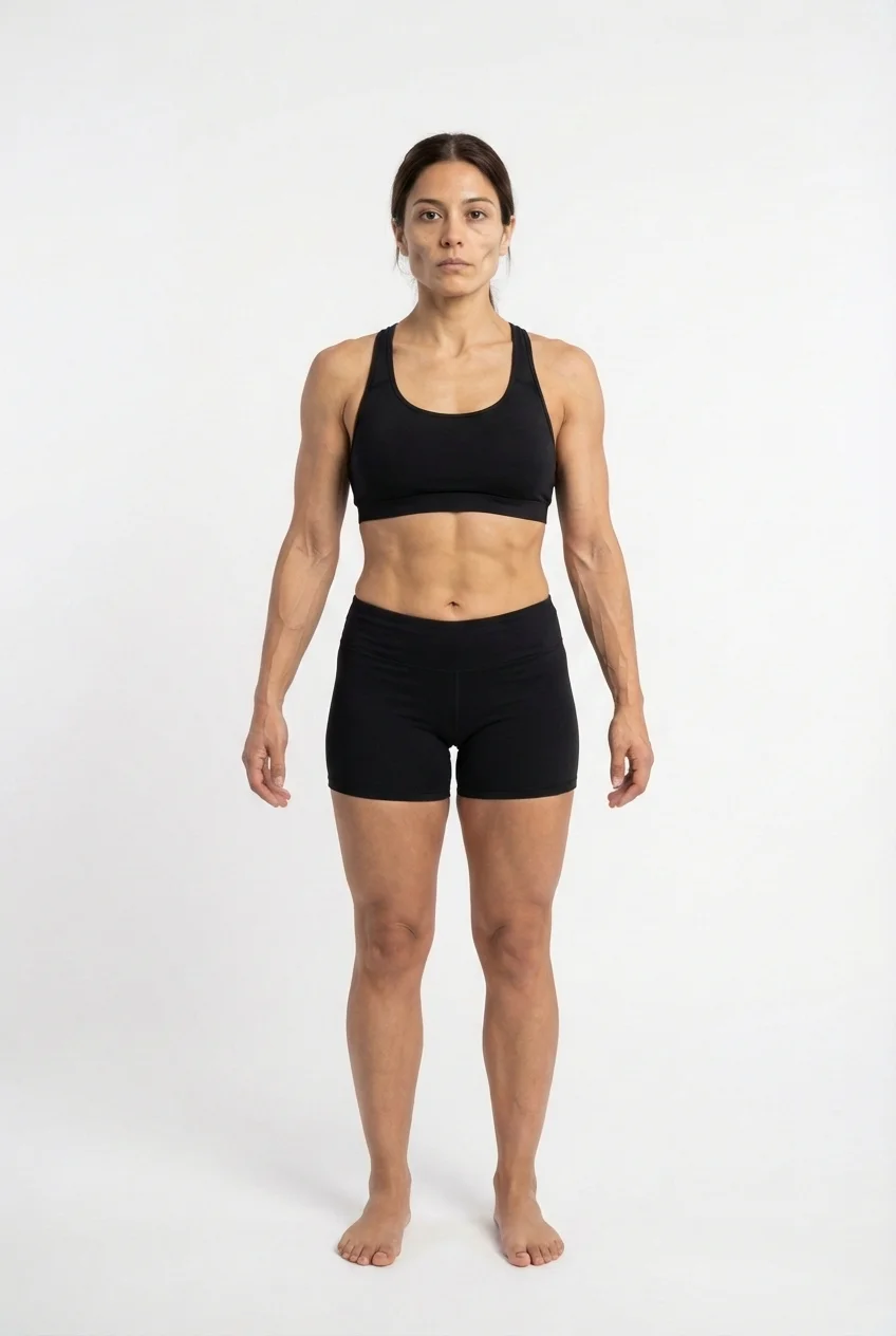 FitCommit Body Fat Guide showing what 10 percent body fat looks like on a woman. Female 10% body fat in the ACE Essential Fat range. Essential fat range.