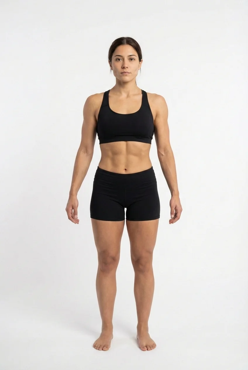 FitCommit Body Fat Guide showing what 13 percent body fat looks like on a woman. Female 13% body fat in the ACE Essential Fat range. Bottom of essential fat.