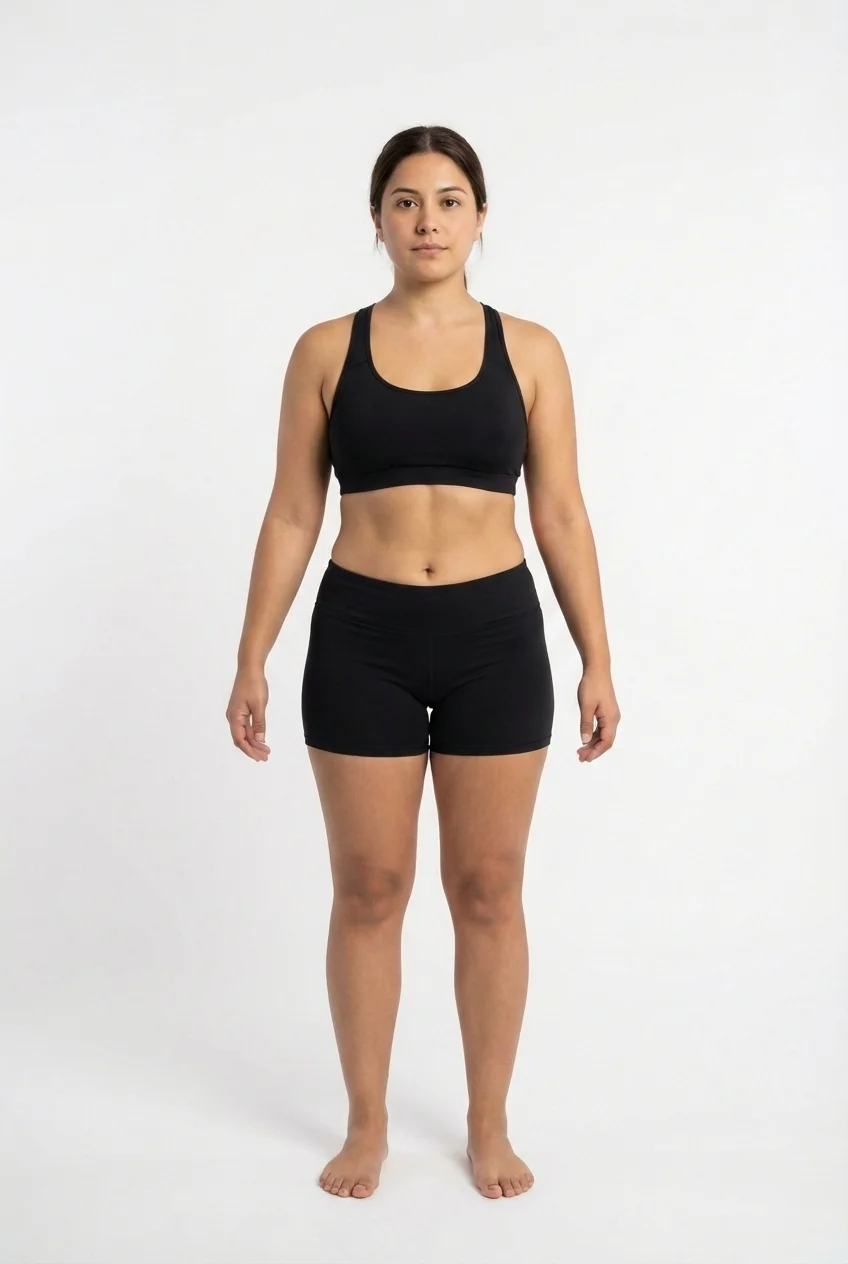 FitCommit Body Fat Guide showing what 22 percent body fat looks like on a woman. Female 22% body fat in the ACE Fitness range. Fit, healthy look.