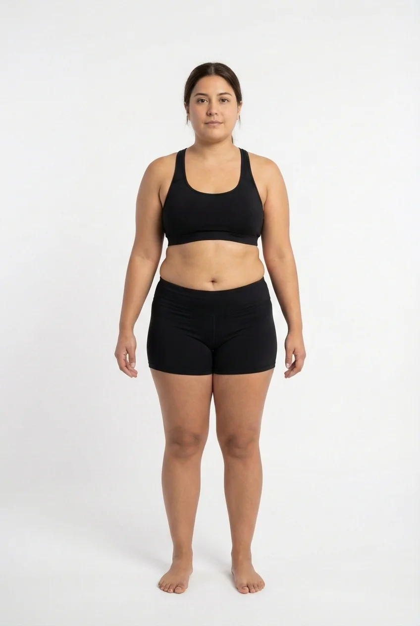 FitCommit Body Fat Guide showing what 29 percent body fat looks like on a woman. Female 29% body fat in the ACE Average range. Soft body with noticeable fat on midsection, hips, and thighs.
