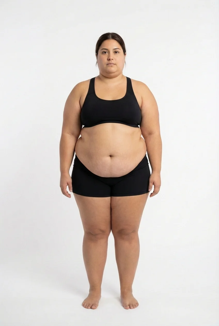 FitCommit Body Fat Guide showing what 45 percent body fat looks like on a woman. Female 45% body fat in the ACE Obese range. Severely obese.