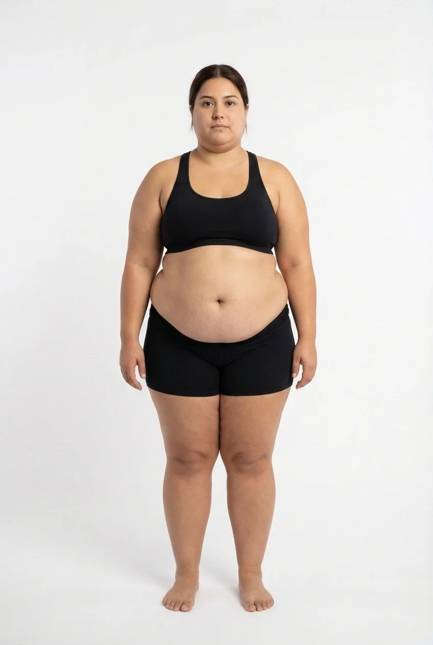 FitCommit Body Fat Guide showing what 48 percent body fat looks like on a woman. Female 48% body fat in the ACE Obese range. Severely obese.