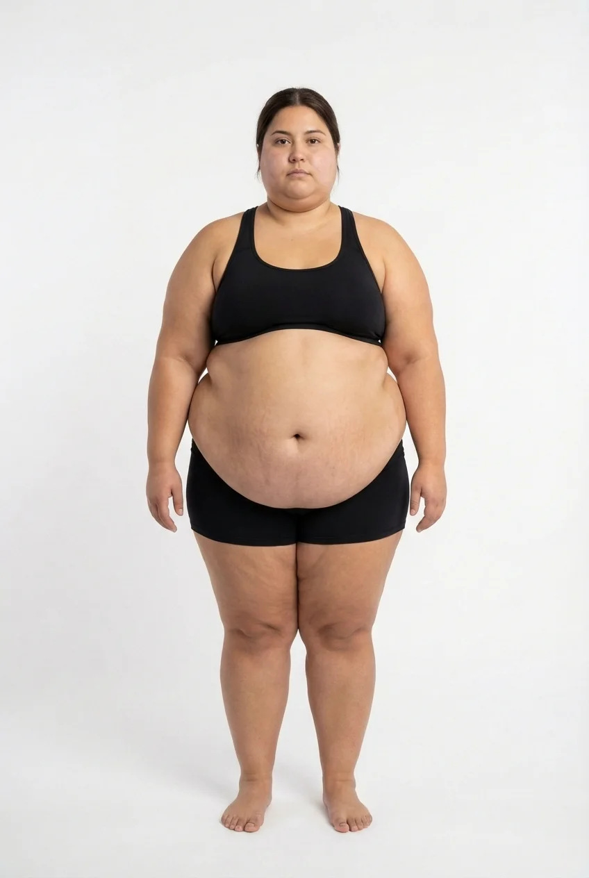 FitCommit Body Fat Guide showing what 75 percent body fat looks like on a woman. Female 75% body fat. No named individual has been formally measured at 70%.