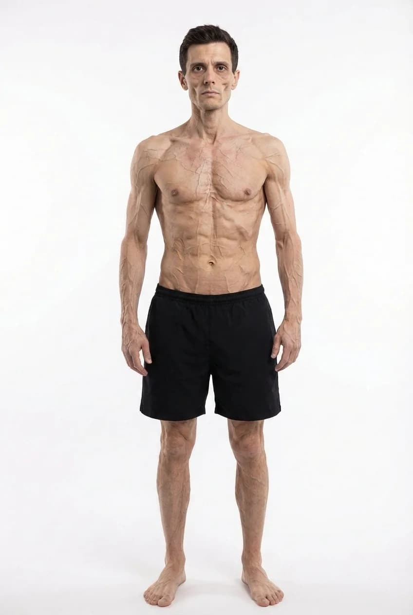 FitCommit Body Fat Guide showing what 1 percent body fat looks like on a man. Male 1% body fat in the ACE Essential Fat range. Extremely emaciated.