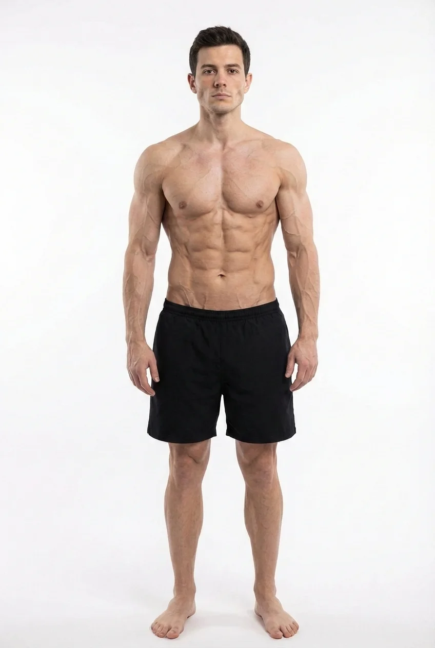FitCommit Body Fat Guide showing what 6 percent body fat looks like on a man. Male 6% body fat in the ACE Athletes range. Very lean and defined.