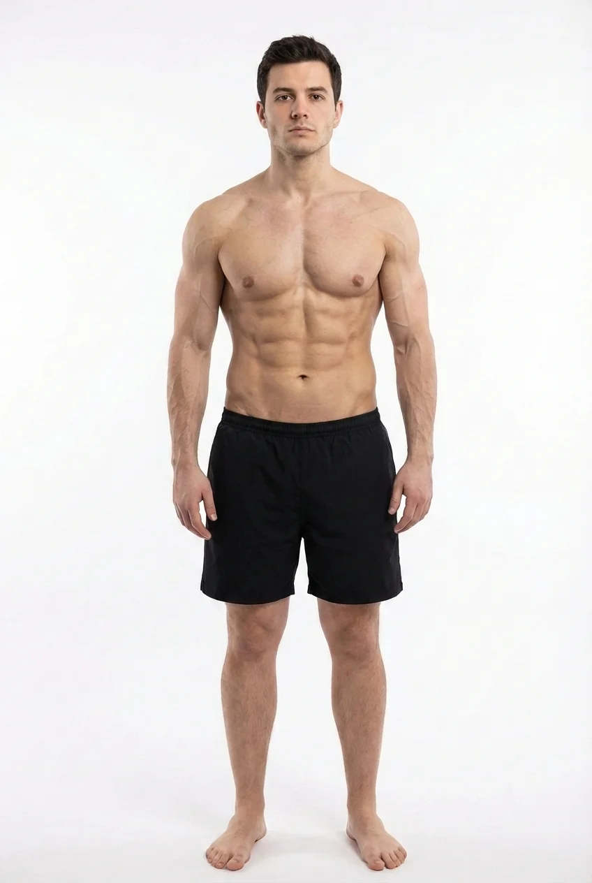 FitCommit Body Fat Guide showing what 8 percent body fat looks like on a man. Male 8% body fat in the ACE Athletes range. Very lean and defined.