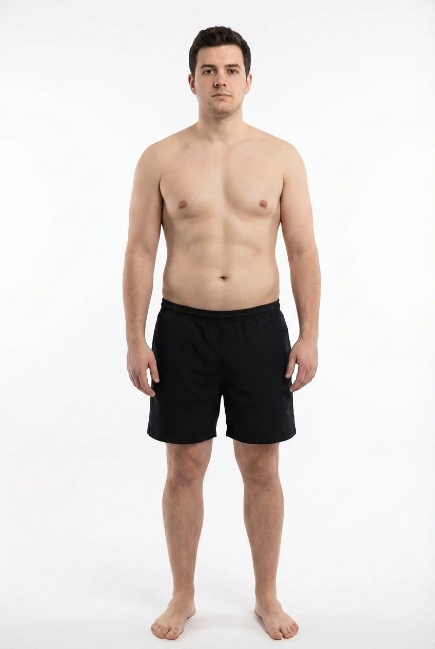 FitCommit Body Fat Guide showing what 18 percent body fat looks like on a man. Male 18% body fat in the ACE Average range. Average build.