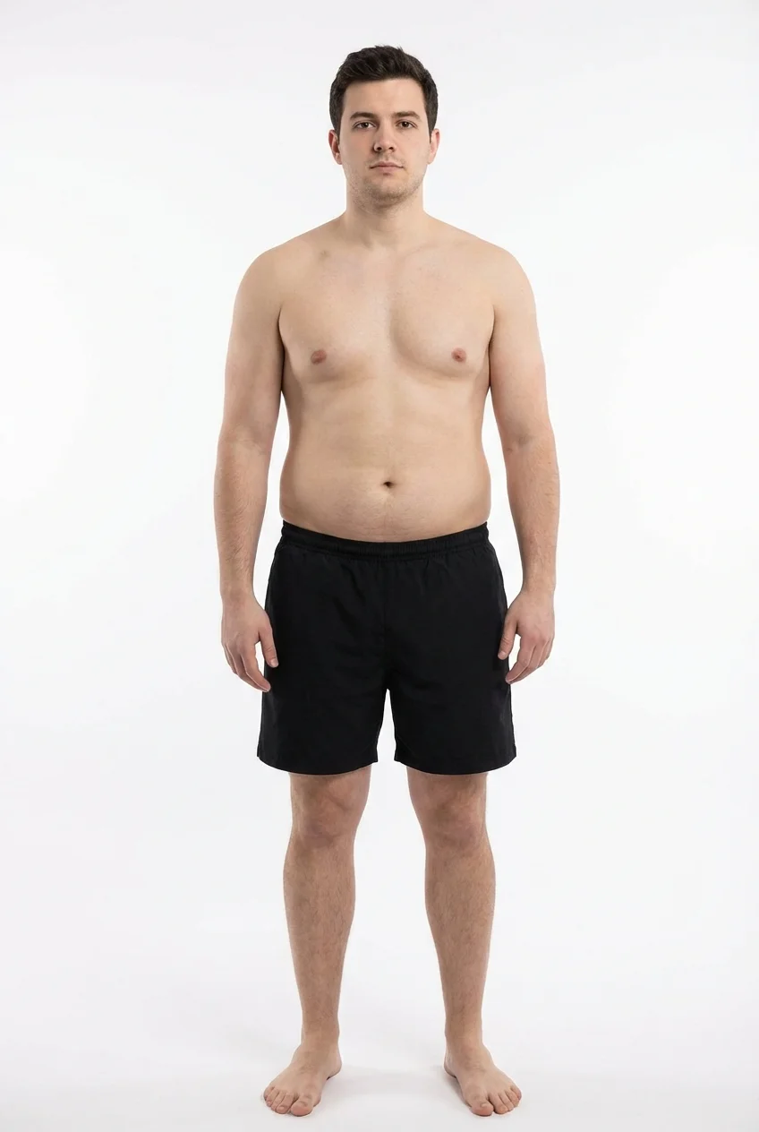 FitCommit Body Fat Guide showing what 20 percent body fat looks like on a man. Male 20% body fat in the ACE Average range. Average build.