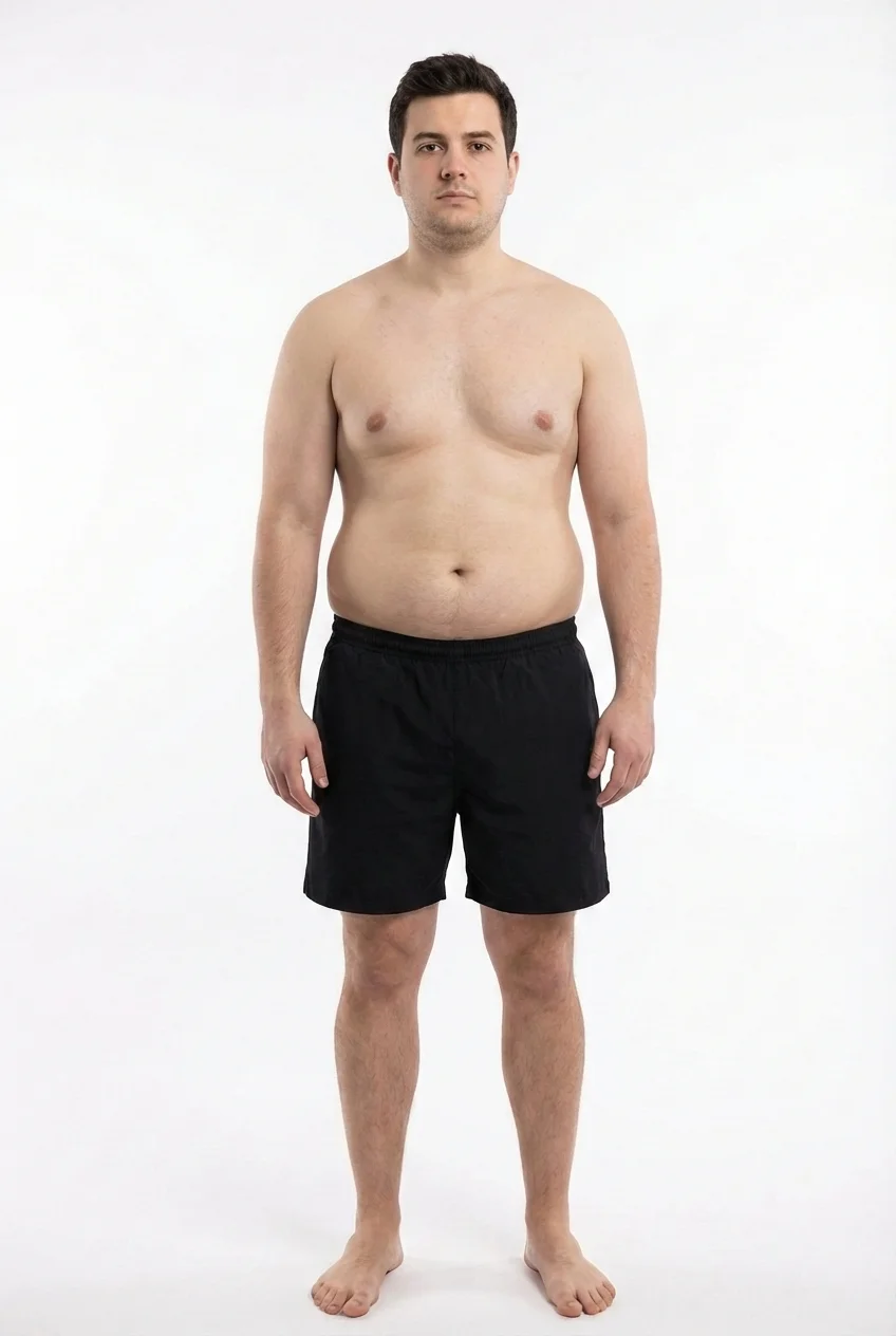 FitCommit Body Fat Guide showing what 23 percent body fat looks like on a man. Male 23% body fat in the ACE Average range. Noticeable softness around midsection.