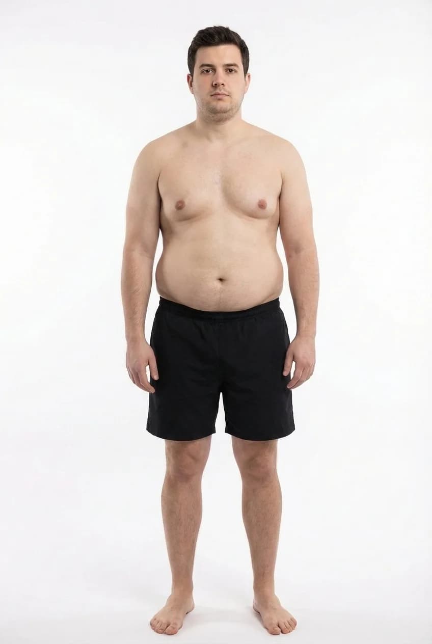 FitCommit Body Fat Guide showing what 26 percent body fat looks like on a man. Male 26% body fat in the ACE Obese range. Soft, prominent belly.