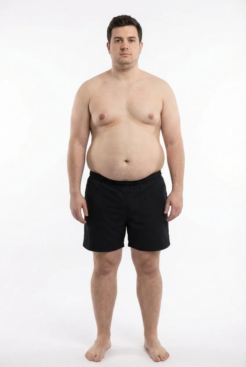 FitCommit Body Fat Guide showing what 30 percent body fat looks like on a man. Male 30% body fat in the ACE Obese range. Obese.