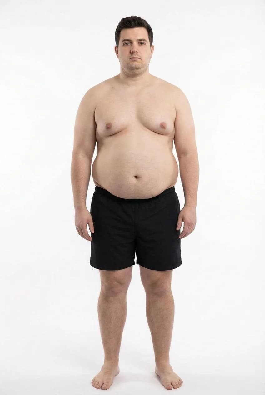 FitCommit Body Fat Guide showing what 36 percent body fat looks like on a man. Male 36% body fat in the ACE Obese range. Very obese.