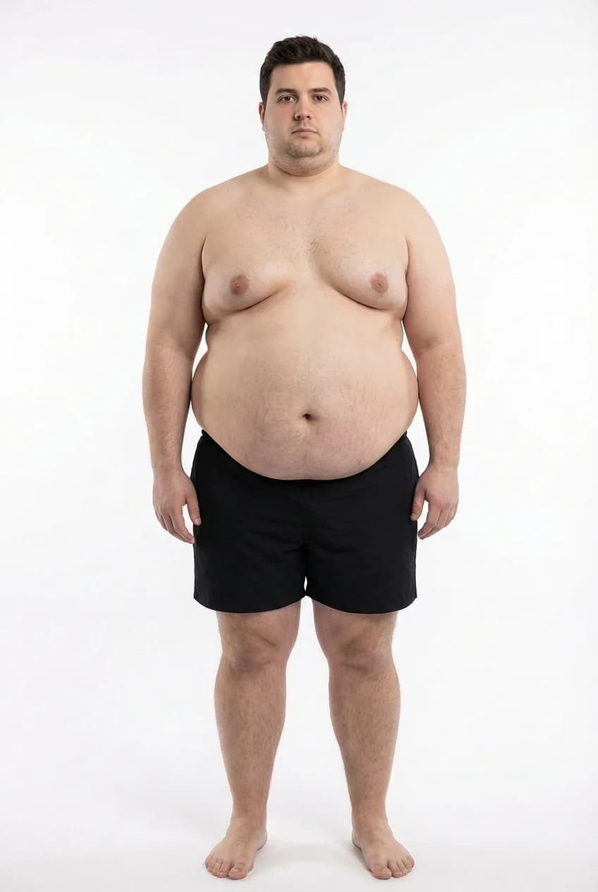 FitCommit Body Fat Guide showing what 39 percent body fat looks like on a man. Male 39% body fat in the ACE Obese range. Very obese.