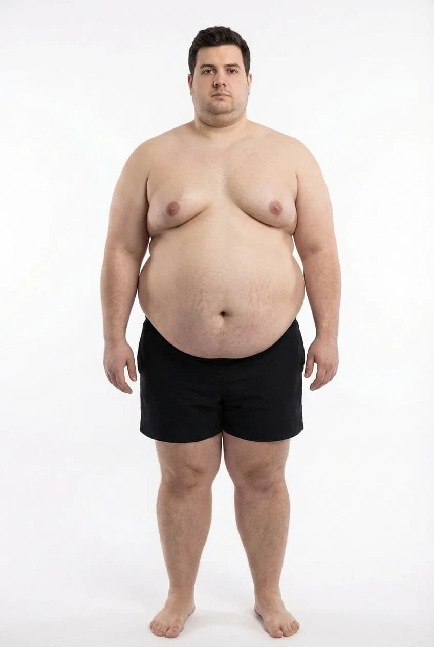 FitCommit Body Fat Guide showing what 47 percent body fat looks like on a man. Male 47% body fat in the ACE Obese range. Morbidly obese.