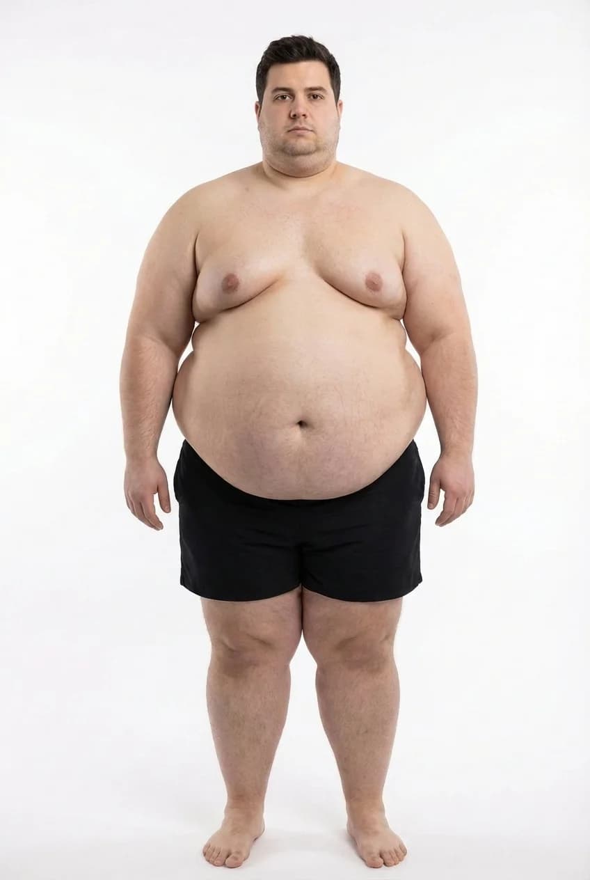 FitCommit Body Fat Guide showing what 55 percent body fat looks like on a man. Male 55% body fat in the ACE Obese range. Extreme morbid obesity.
