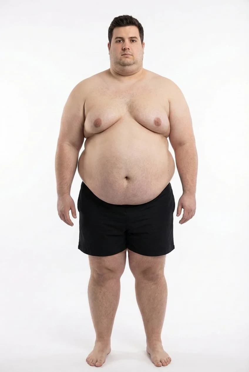 FitCommit Body Fat Guide showing what 75 percent body fat looks like on a man. Male 75% body fat. No named individual has been formally measured at 70%.